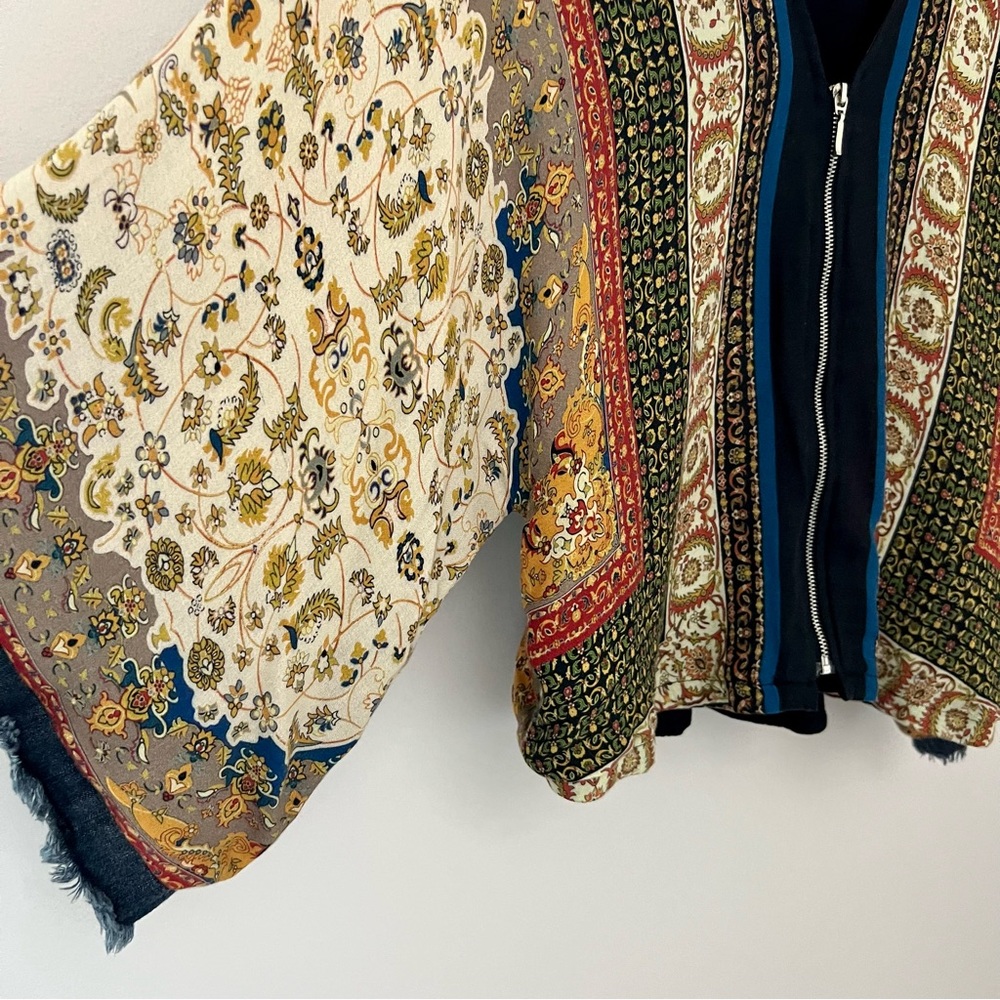 Zara Boho Scarf Print Fringe Kimono Sleeve Zip Blouse XS - Picture 6 of 13